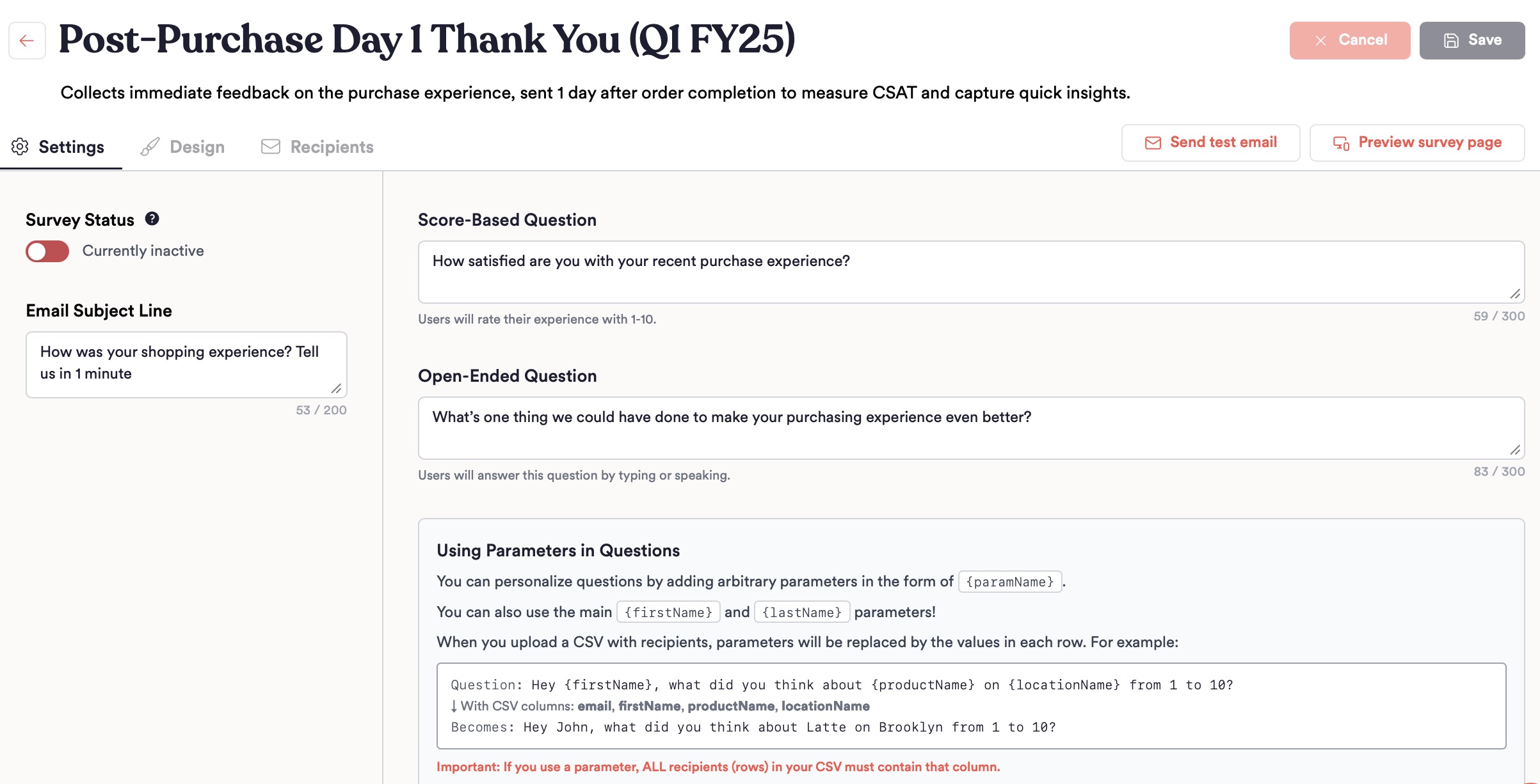 Survey Settings Page